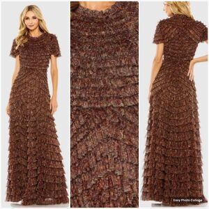 Mac Duggal 8042 Brown Ruffle Floral Maxi Dress Gown